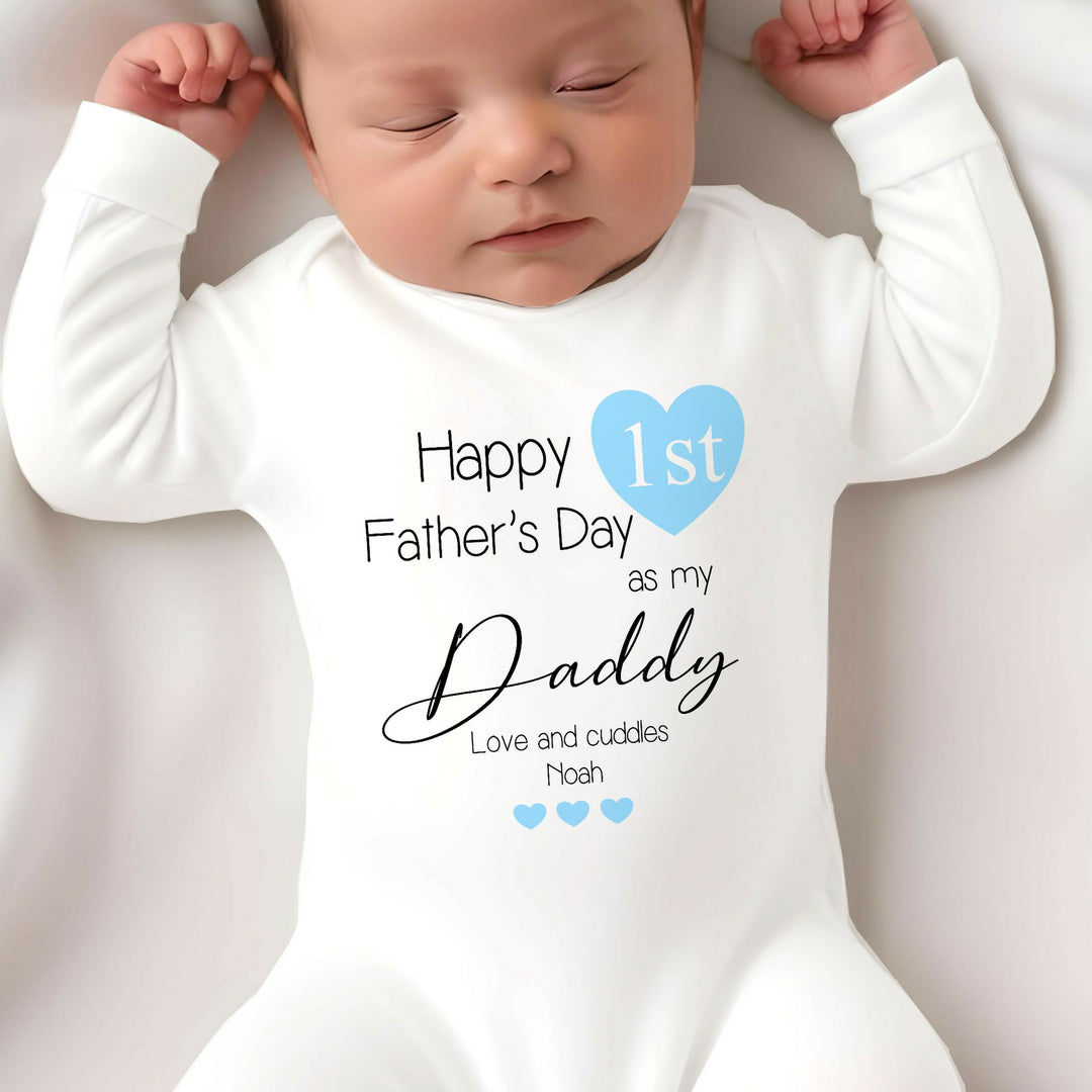 Personalised Blue Heart Happy 1st Father's Day Daddy Babygrow/Vest