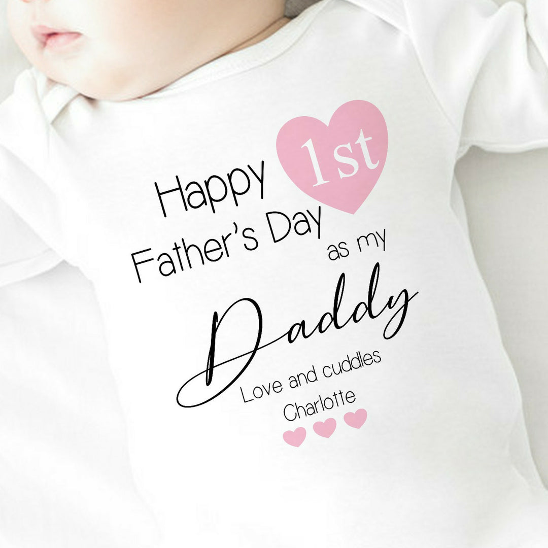 Personalised Pink Heart Happy 1st Father's Day Daddy Babygrow/Vest