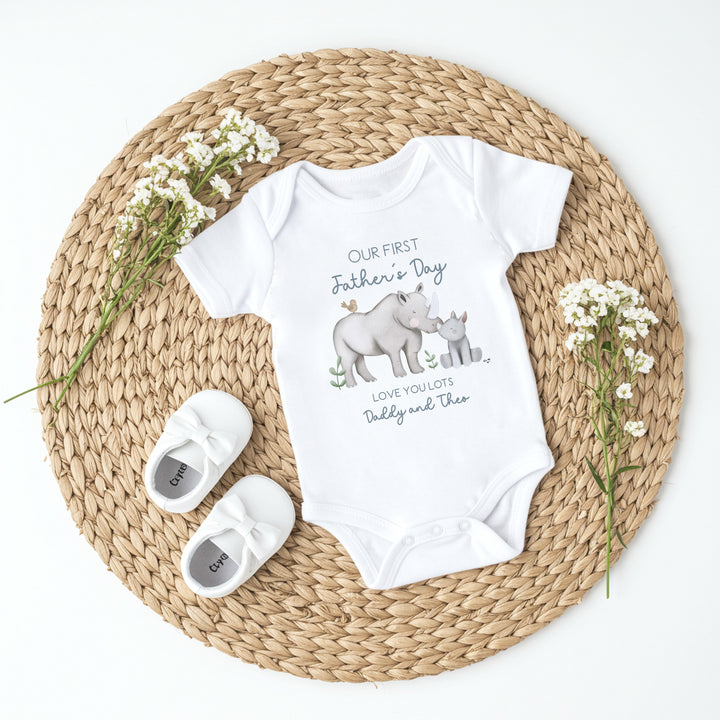 Personalised Blue Rhino Our First Father's Day Babygrow/Vest