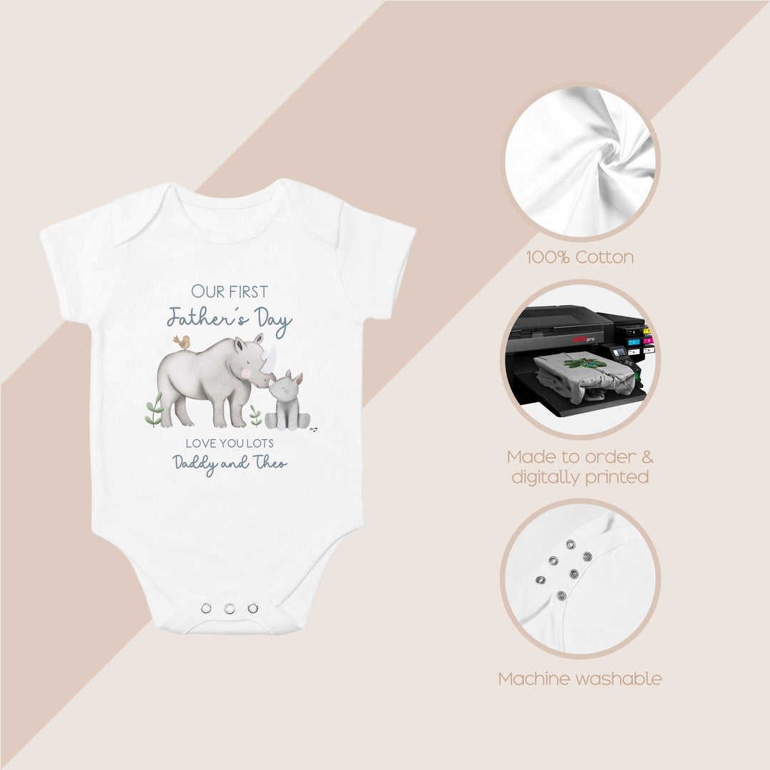 Personalised Blue Rhino Our First Father's Day Babygrow/Vest