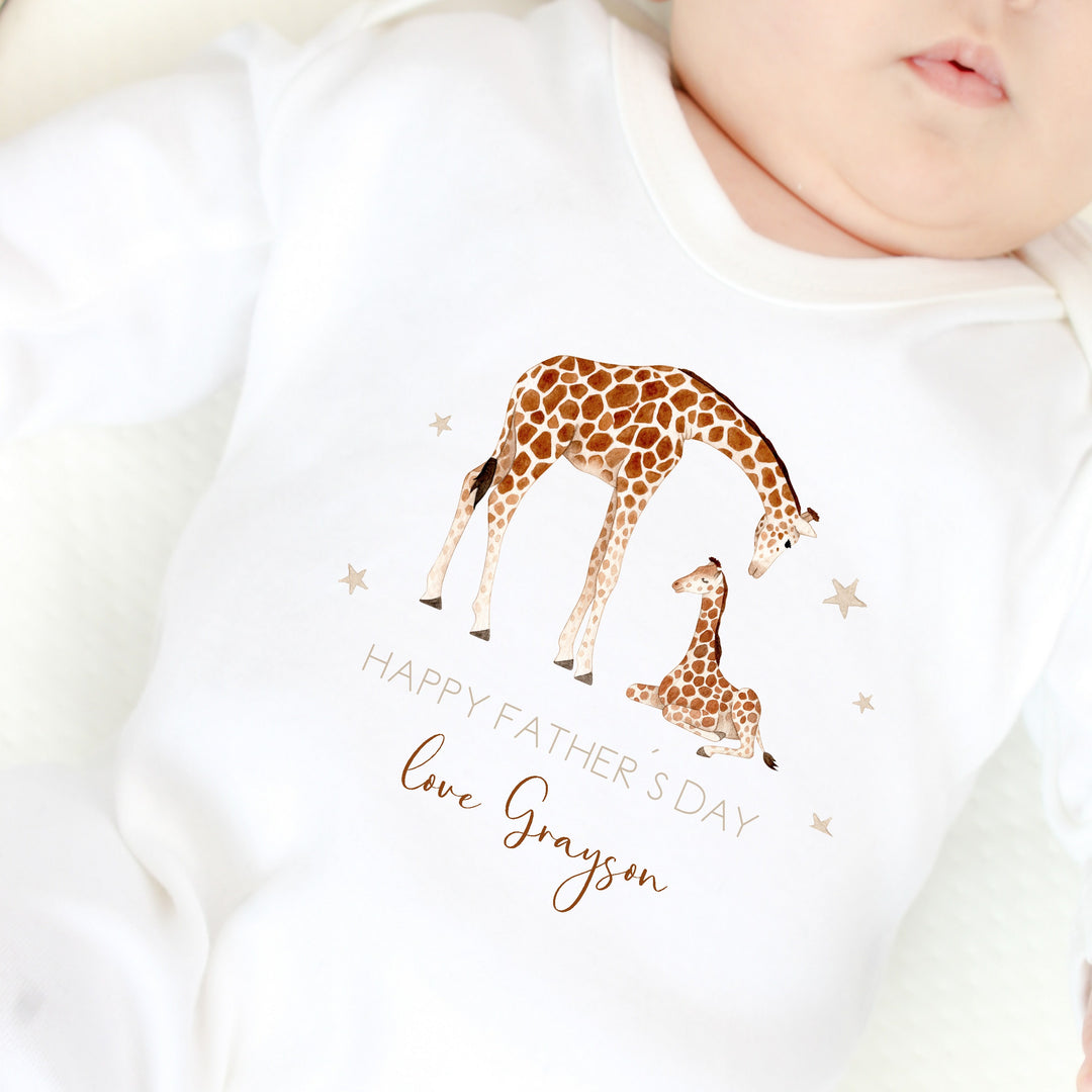 Personalised Our First Father's Day Giraffes Beige/White Babygrow