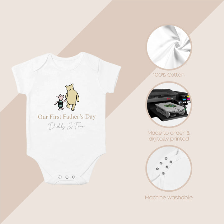 Personalised Our First Father's Day Pooh Bear Babygrow/Vest