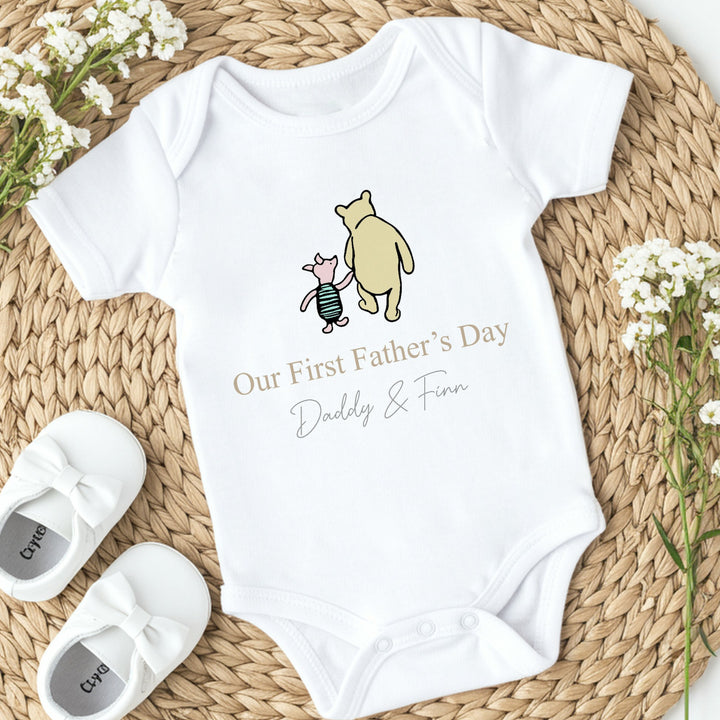 Personalised Our First Father's Day Pooh Bear Babygrow/Vest