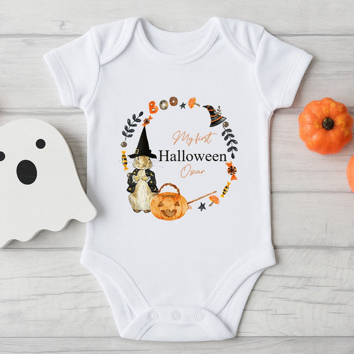 Personalised Rabbit Halloween Wreath Babygrow/Vest/Bib