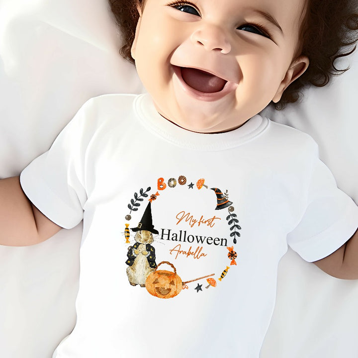 Personalised Rabbit Halloween Wreath Babygrow/Vest/Bib