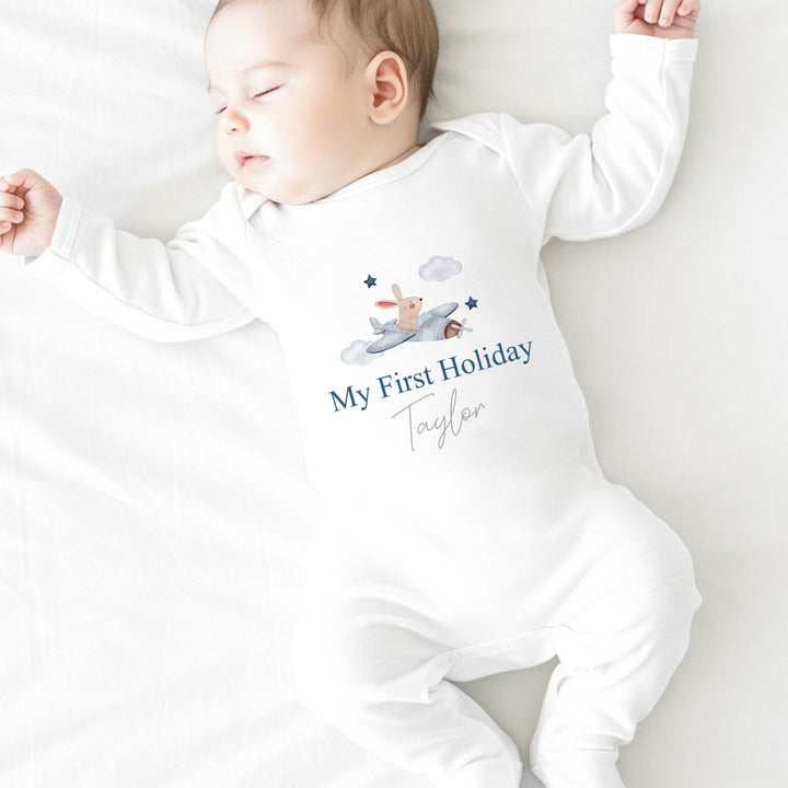 Personalised My First Holiday Blue Plane Babygrow/Vest