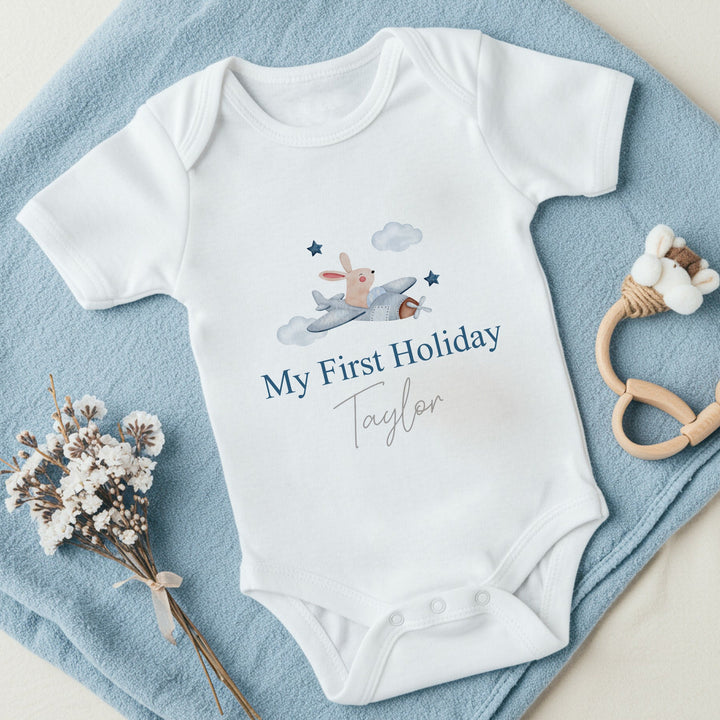 Personalised My First Holiday Blue Plane Babygrow/Vest