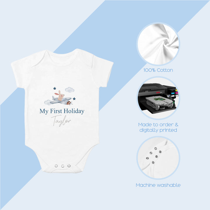 Personalised My First Holiday Blue Plane Babygrow/Vest