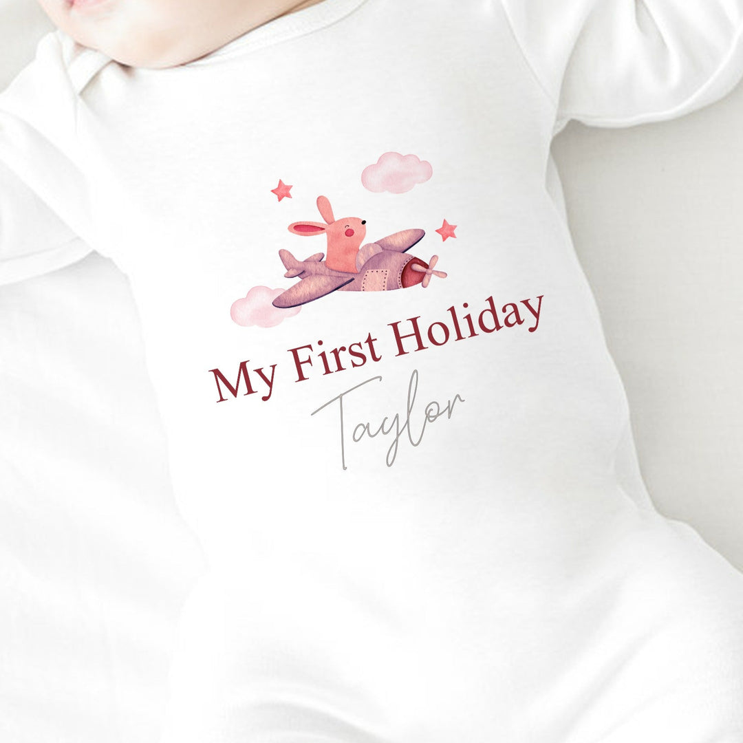 Personalised My First Holiday Pink Plane Babygrow/Vest