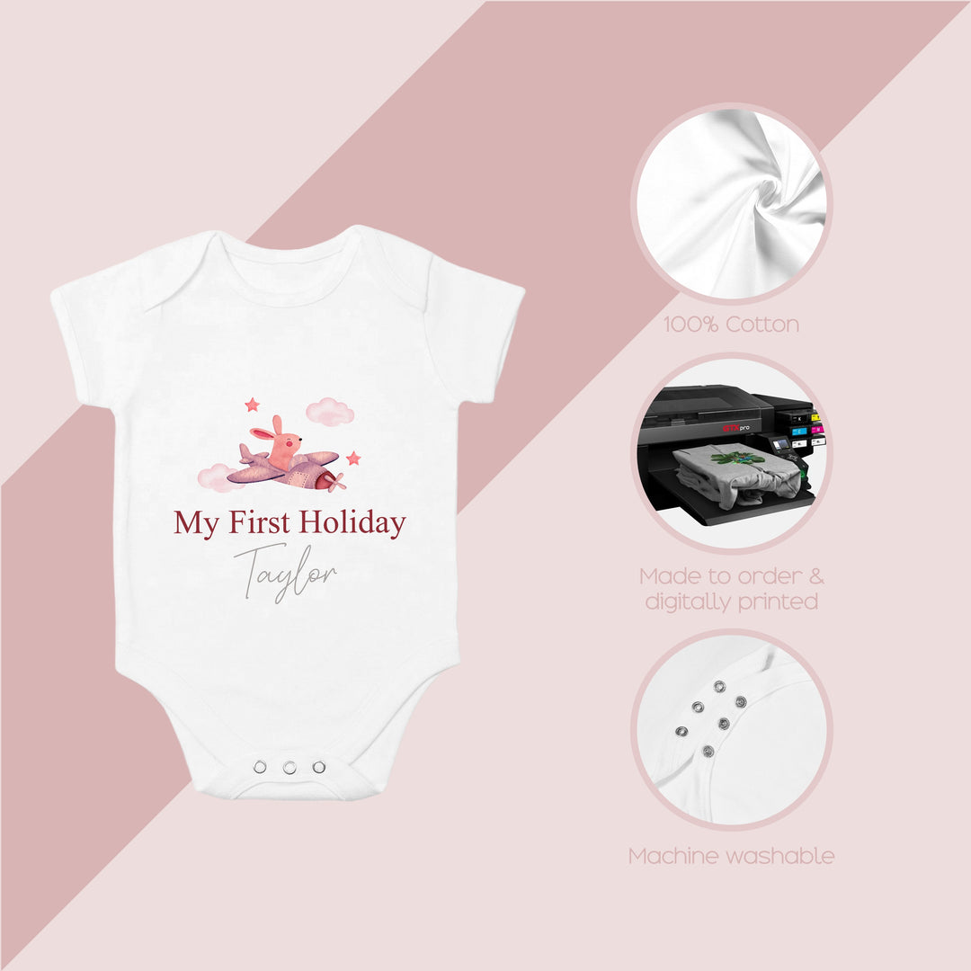 Personalised My First Holiday Pink Plane Babygrow/Vest