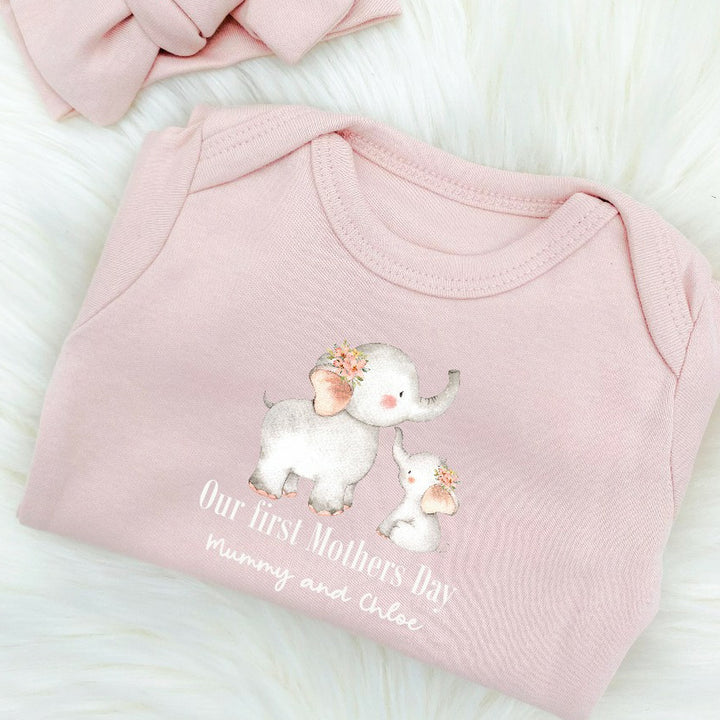 Personalised Our First Mother's Day Elephants Pink Babygrow/Vest