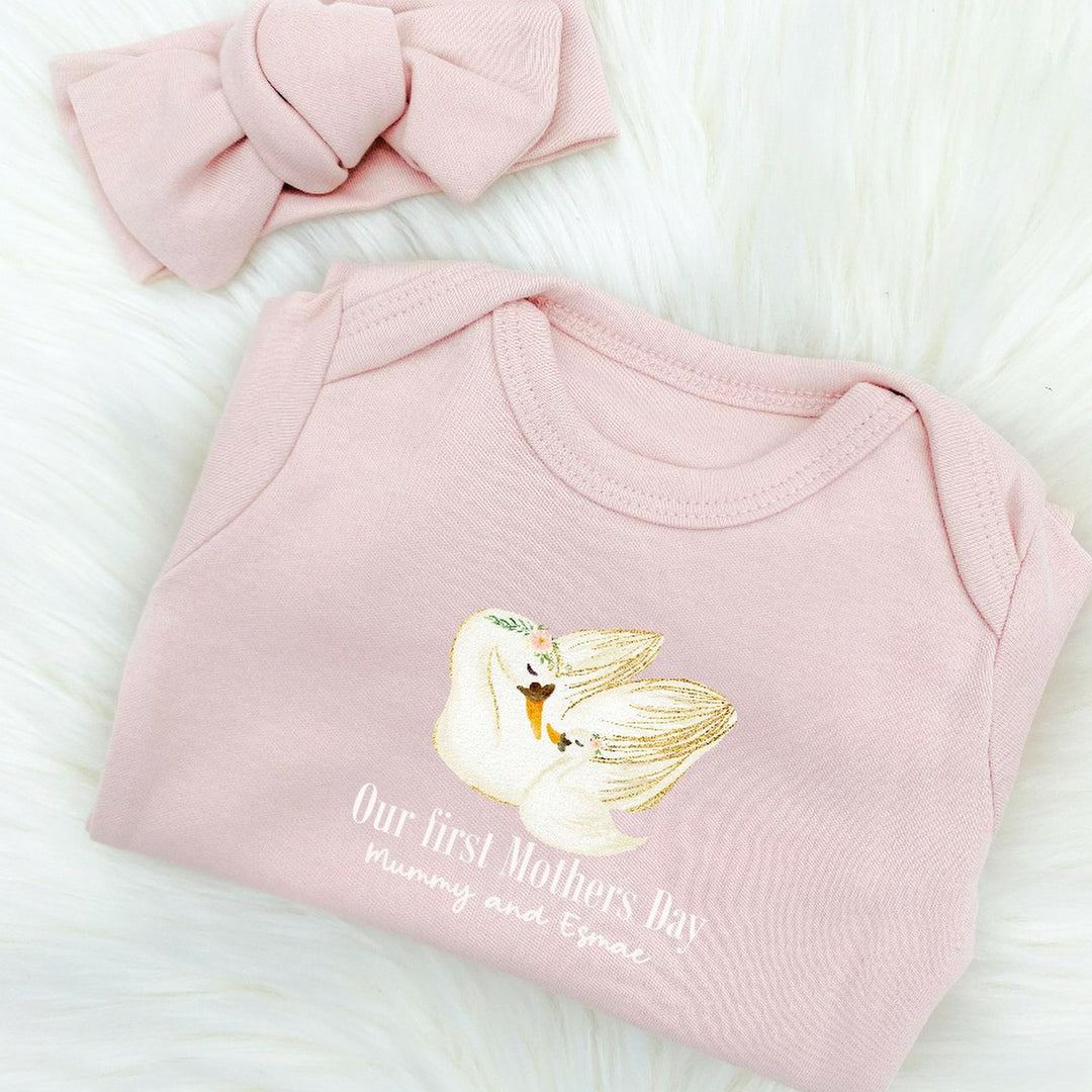 Personalised Our First Mother's Day Swans Pink Babygrow/Vest