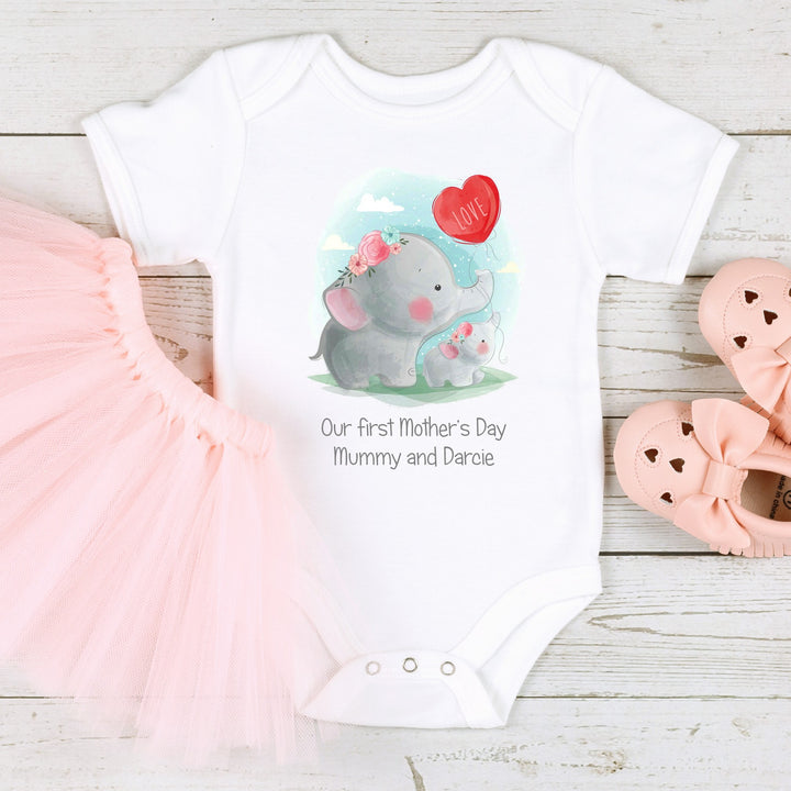 Personalised Our First Mother's Day Elephant Heart Babygrow/Vest