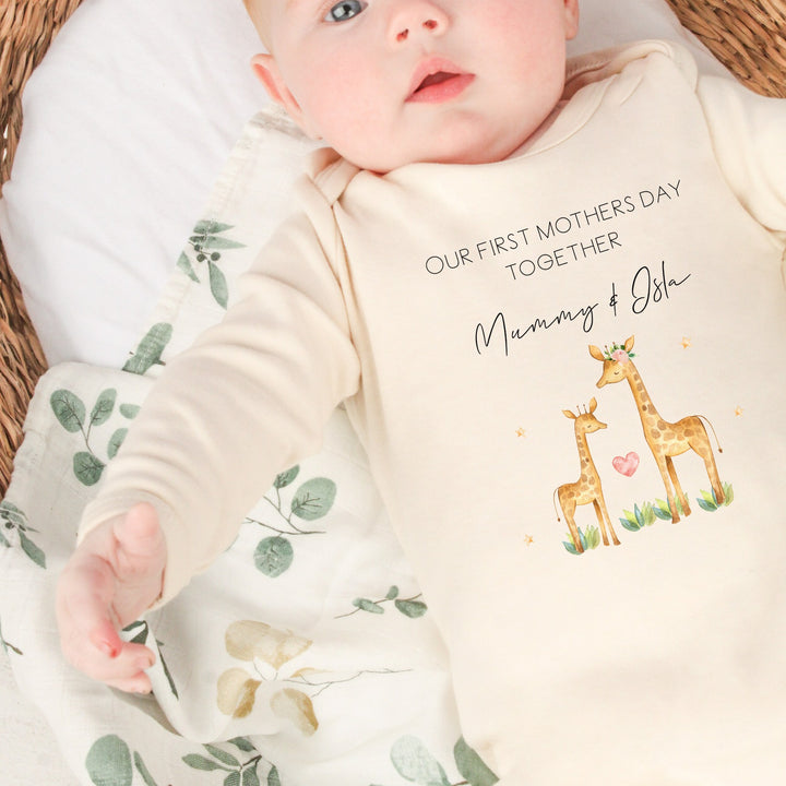 Personalised Our First Mother's Day Giraffes Beige Babygrow/Vest