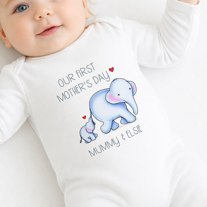 Personalised Blue Elephannts Our First Mother's Day Baby Grow, Vest or Bib