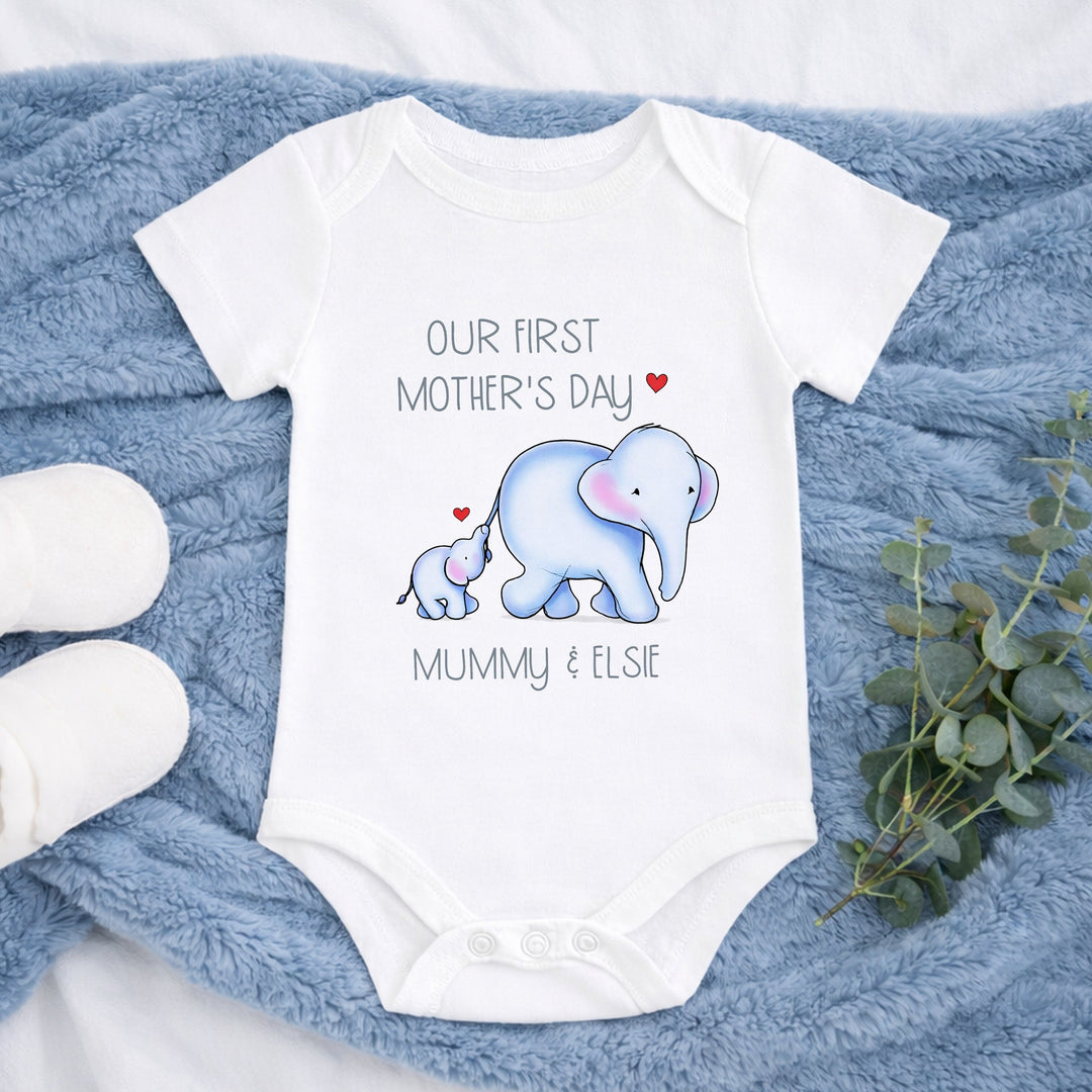 Personalised Blue Elephannts Our First Mother's Day Baby Grow, Vest or Bib