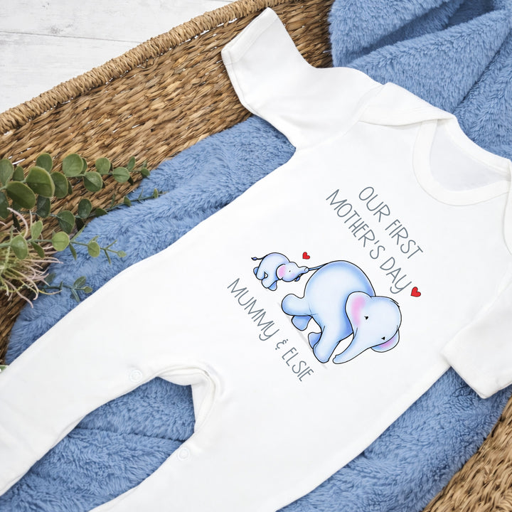Personalised Blue Elephannts Our First Mother's Day Baby Grow, Vest or Bib
