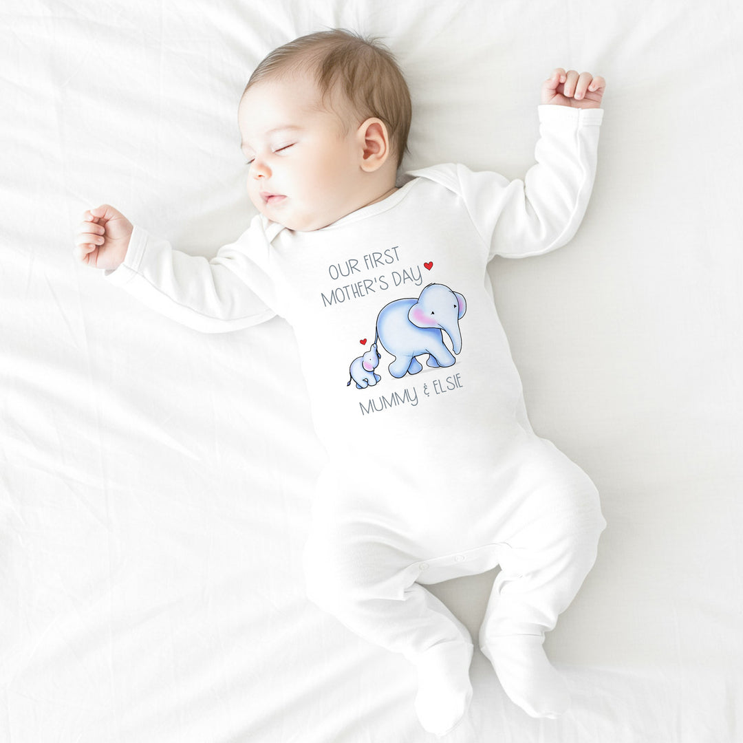 Personalised Blue Elephannts Our First Mother's Day Baby Grow, Vest or Bib