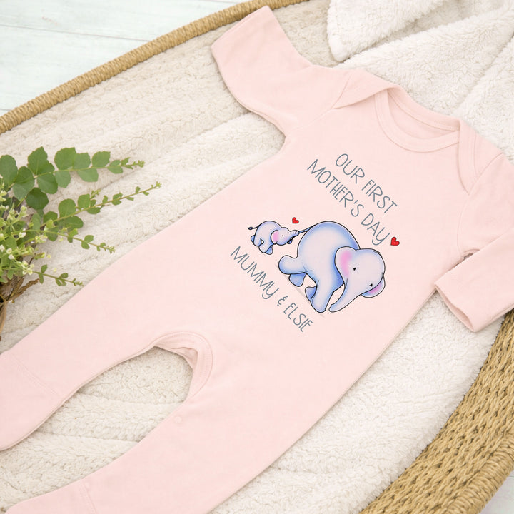 Personalised Blue Elephannts Our First Mother's Day Baby Grow, Vest or Bib