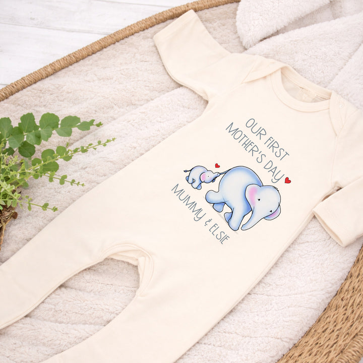 Personalised Blue Elephannts Our First Mother's Day Baby Grow, Vest or Bib