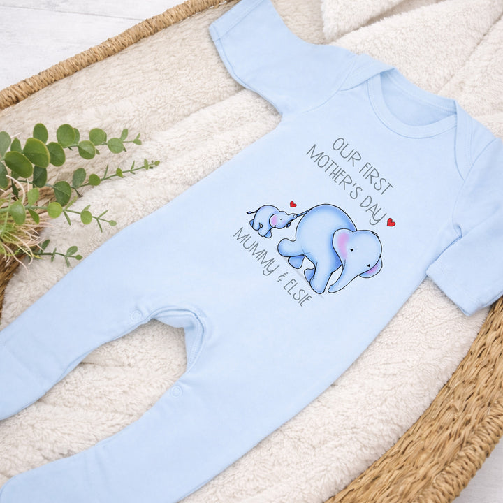 Personalised Blue Elephannts Our First Mother's Day Baby Grow, Vest or Bib