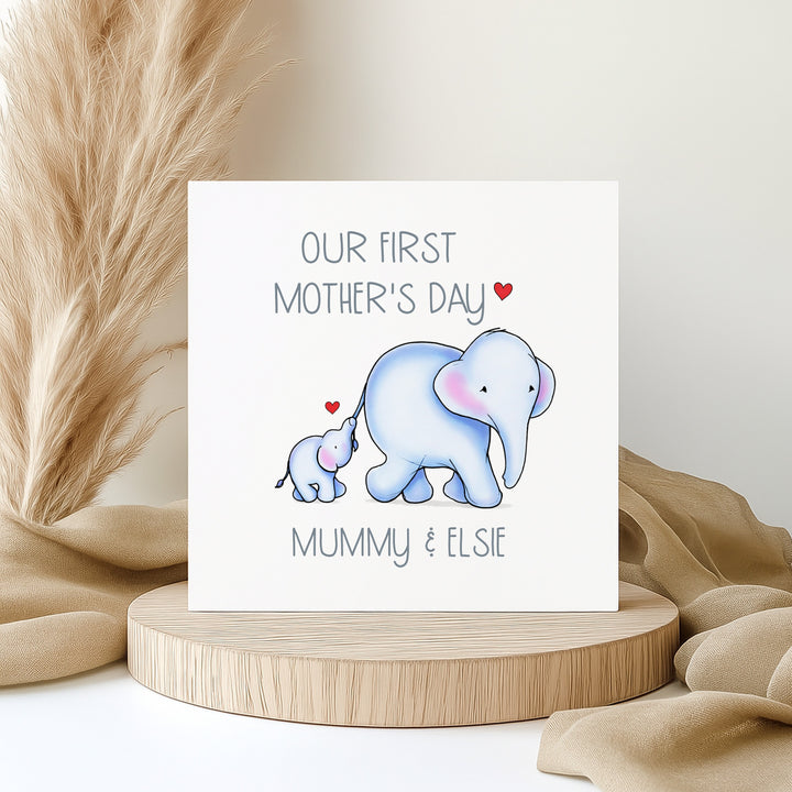 Personalised Blue Elephants Our First Mother's Day Card