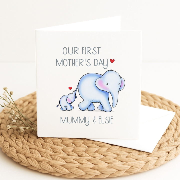 Personalised Blue Elephants Our First Mother's Day Card