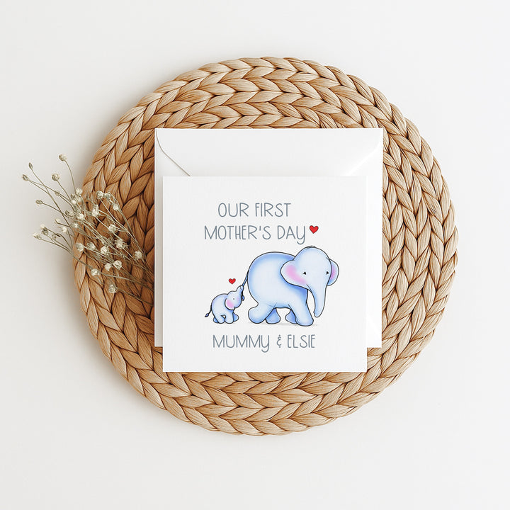 Personalised Blue Elephants Our First Mother's Day Card