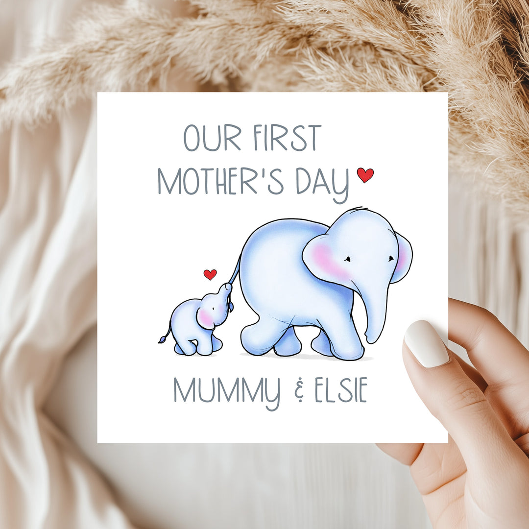 Personalised Blue Elephants Our First Mother's Day Card