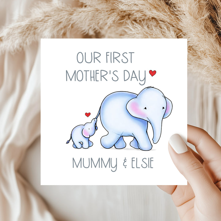 Personalised Blue Elephants Our First Mother's Day Card