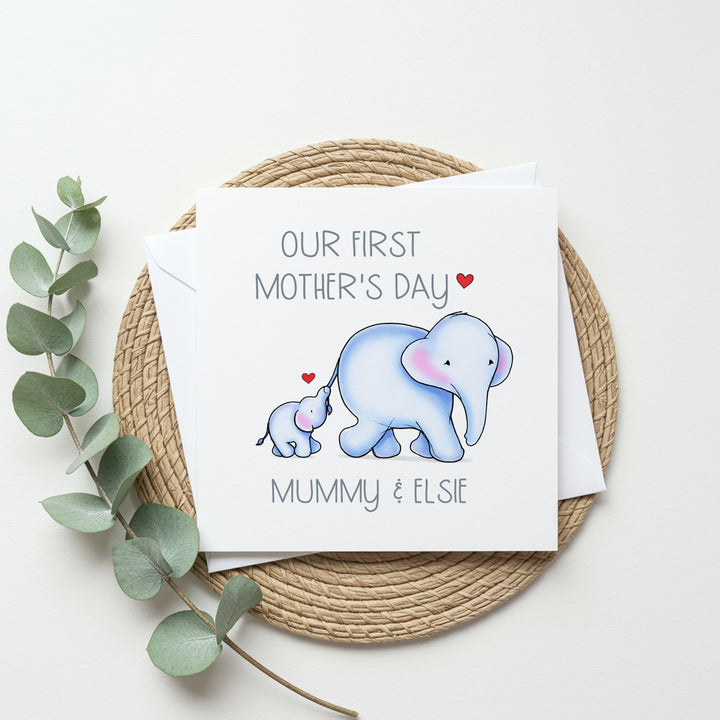 Personalised Blue Elephants Our First Mother's Day Card