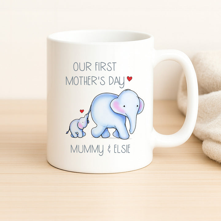 Personalised Blue Elephant Our First Mother's Day Mug