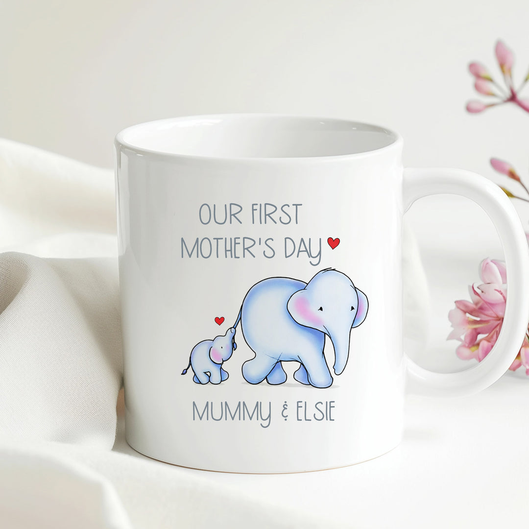 Personalised Blue Elephant Our First Mother's Day Mug