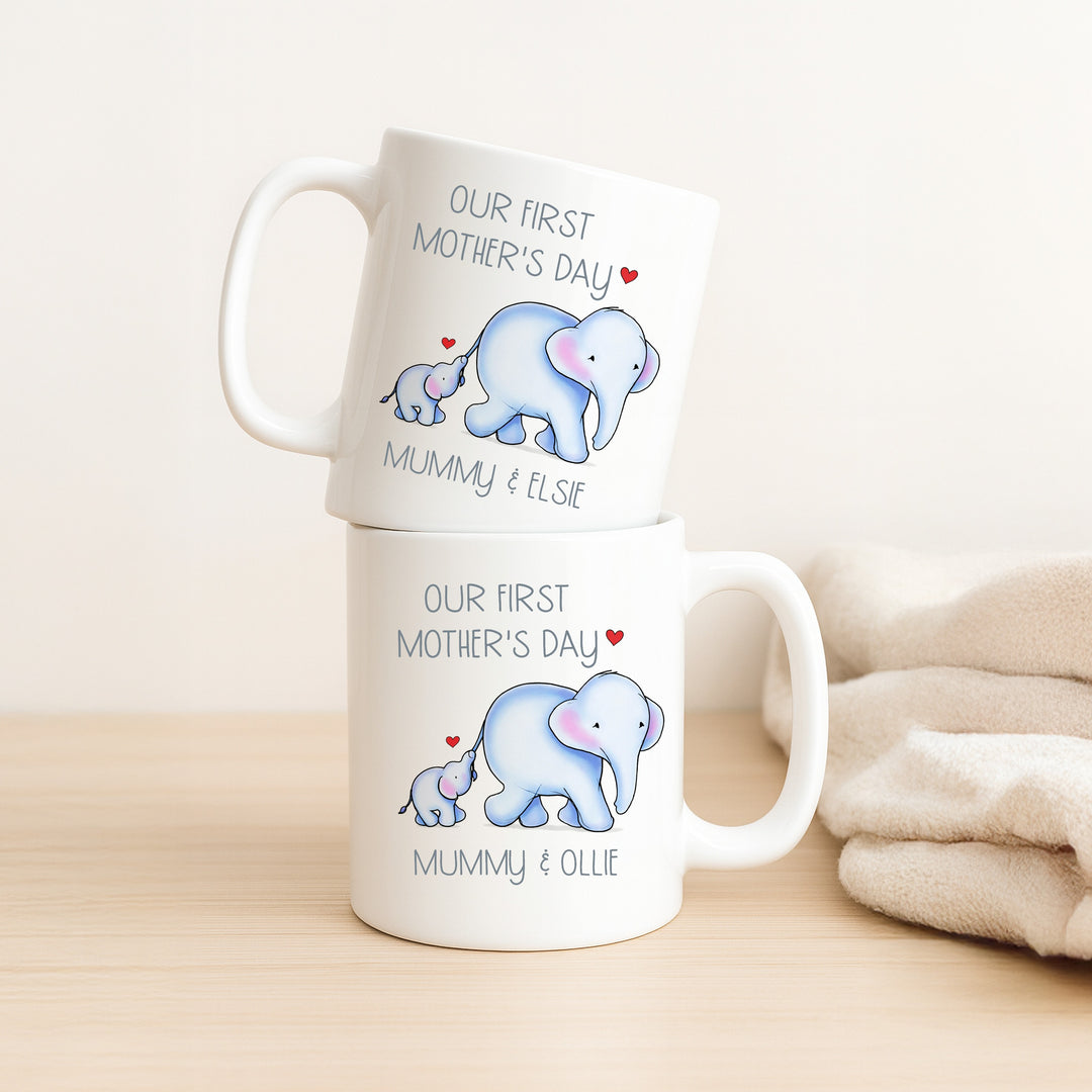 Personalised Blue Elephant Our First Mother's Day Mug