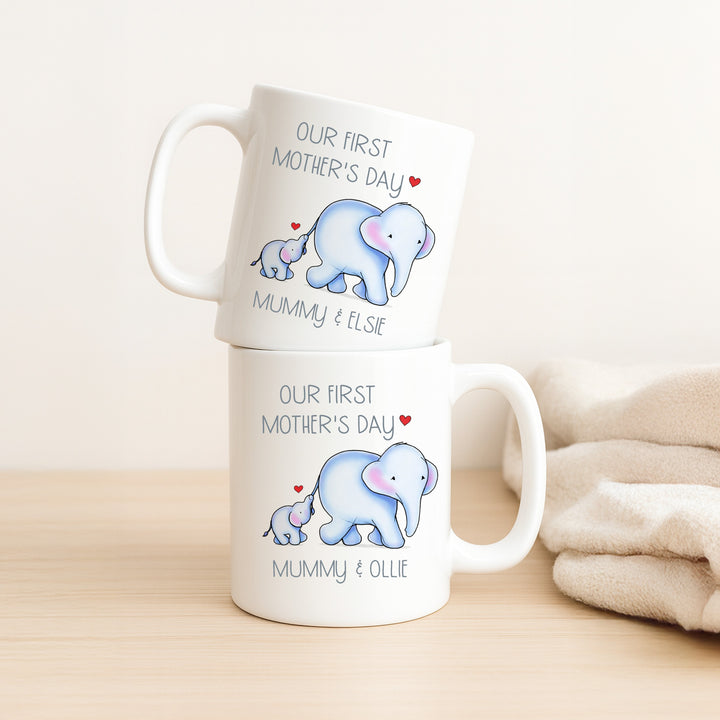 Personalised Blue Elephant Our First Mother's Day Mug