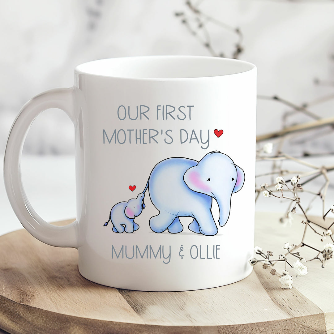 Personalised Blue Elephant Our First Mother's Day Mug