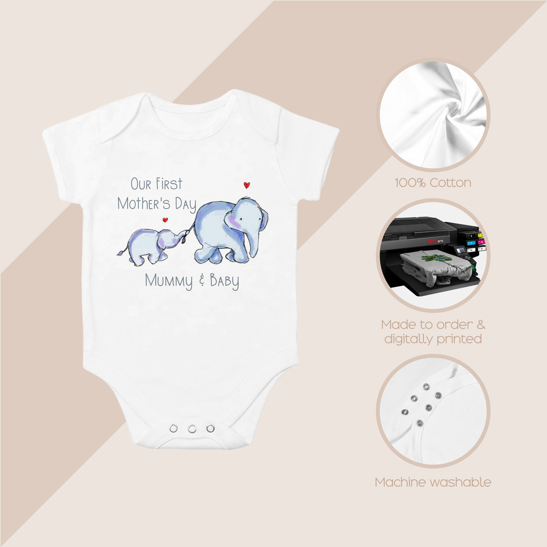 Personalised Our First Mother's Day Blue Elephants Baby Clothing [Vest | Babygrow in White | Blue | Pink | Beige]