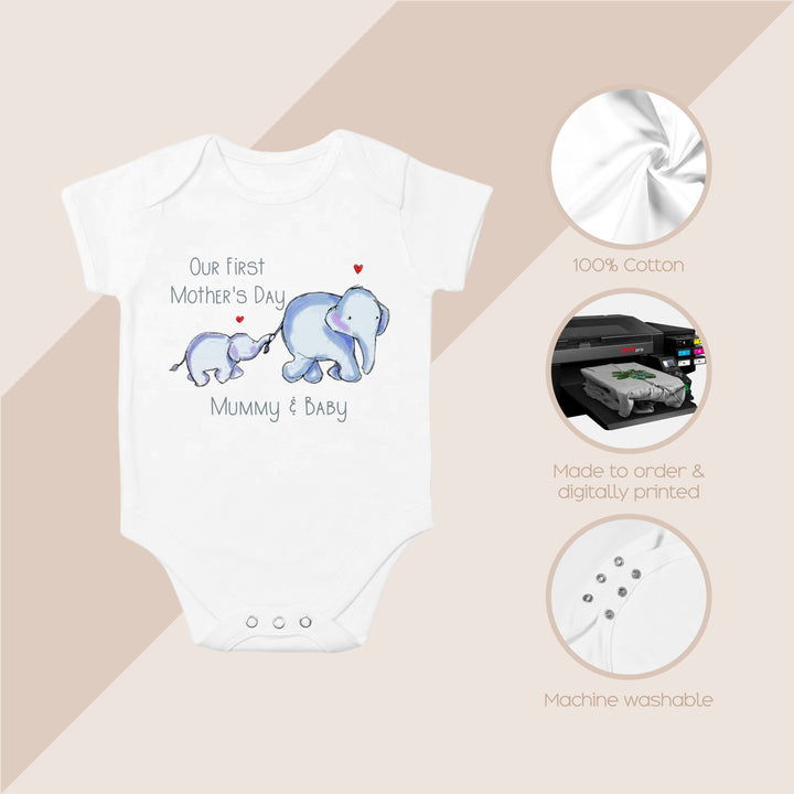 Personalised Our First Mother's Day Blue Elephants Baby Clothing [Vest | Babygrow in White | Blue | Pink | Beige]