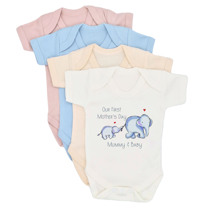 Personalised Our First Mother's Day Blue Elephants Baby Clothing [Vest | Babygrow in White | Blue | Pink | Beige]