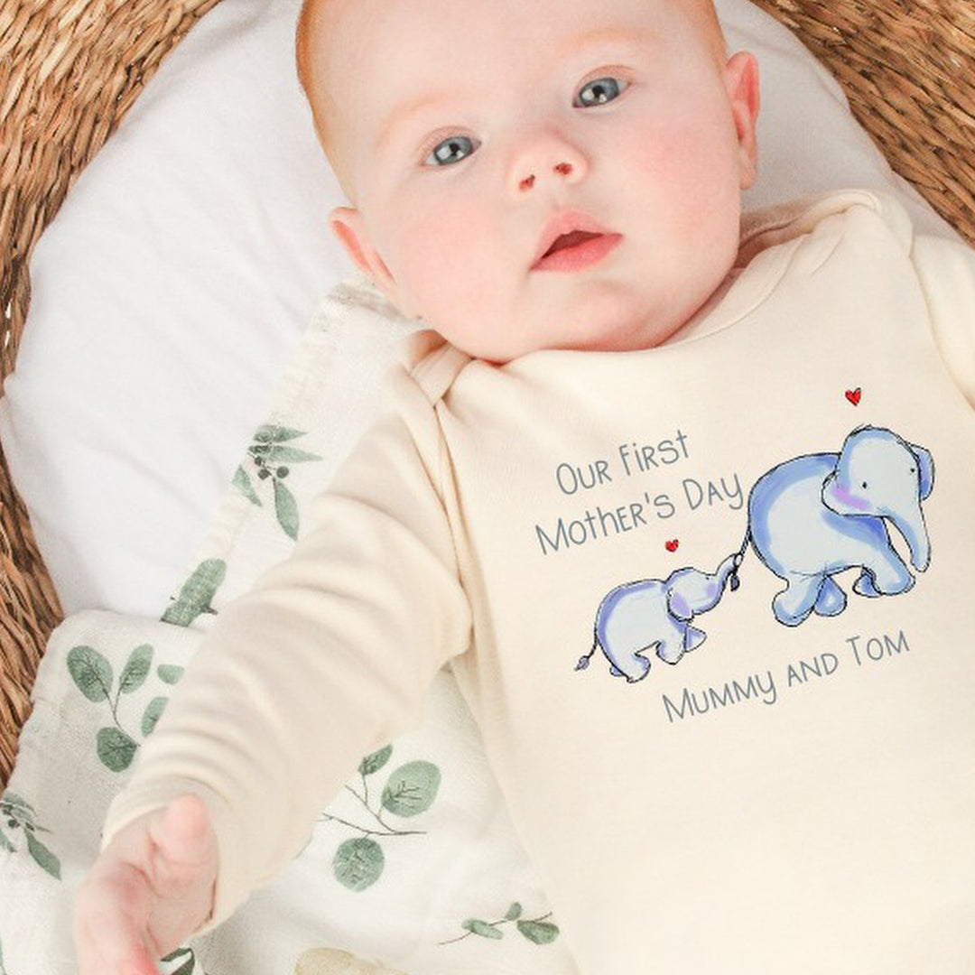 Our First Mother's Day Elephants White, Blue, Pink & Beige Babygrow/Vest
