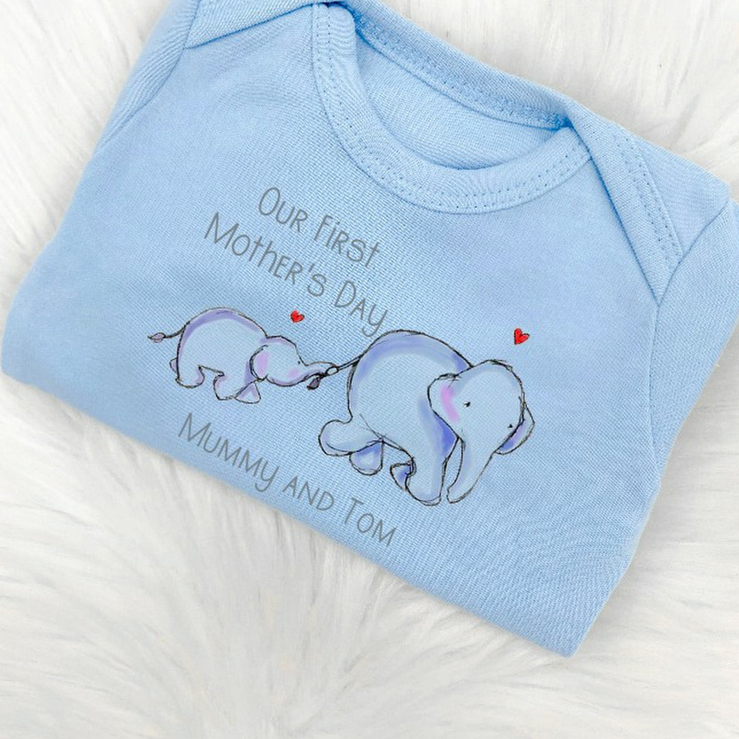 Personalised Our First Mother's Day Blue Elephants Baby Clothing [Vest | Babygrow in White | Blue | Pink | Beige]