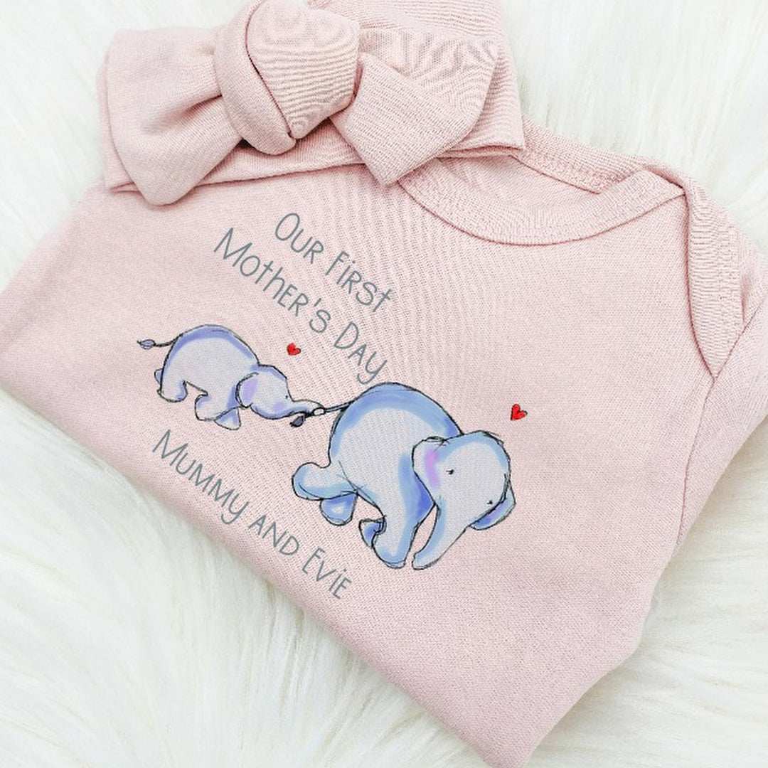 Our First Mother's Day Elephants White, Blue, Pink & Beige Babygrow/Vest