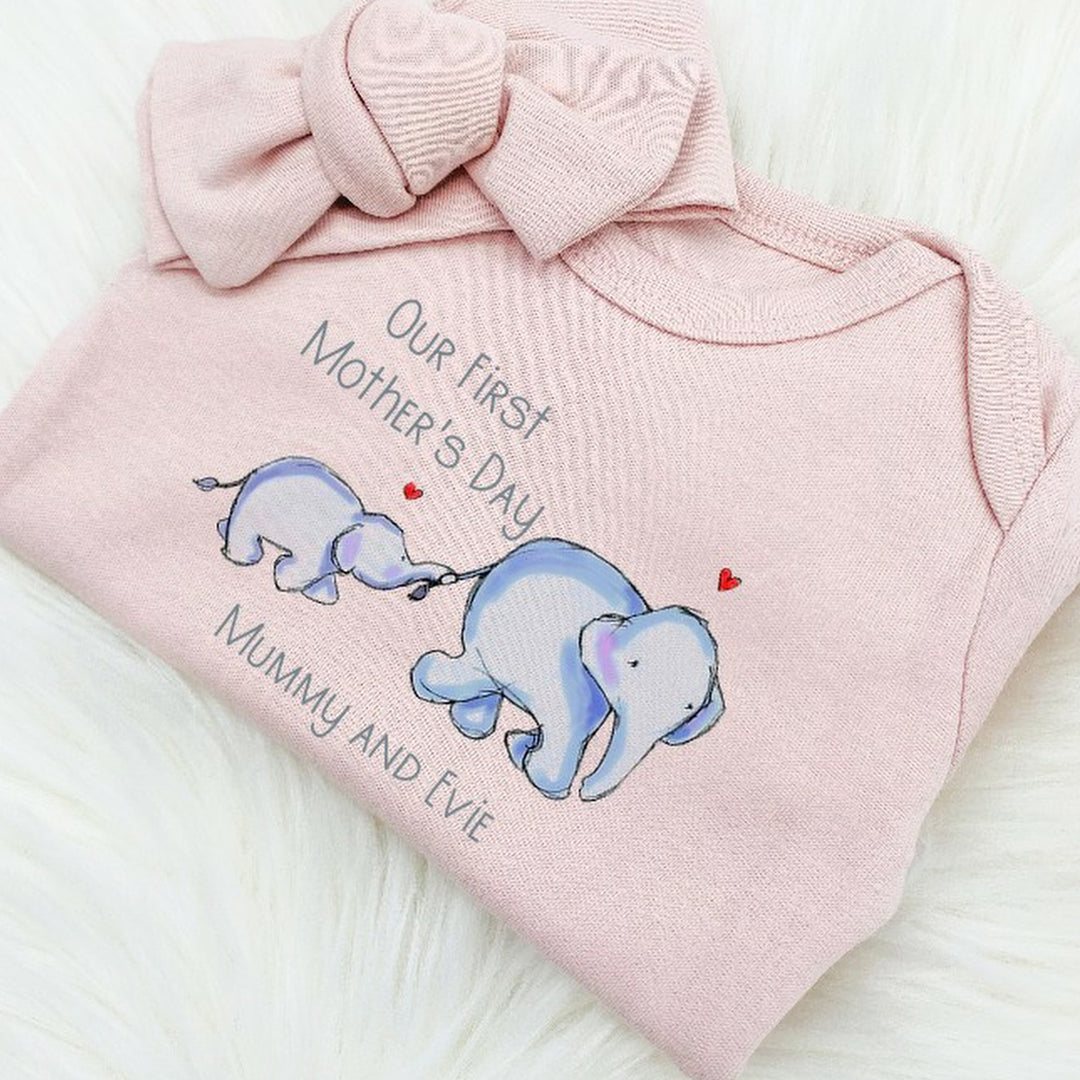 Personalised Our First Mother's Day Blue Elephants Baby Clothing [Vest | Babygrow in White | Blue | Pink | Beige]