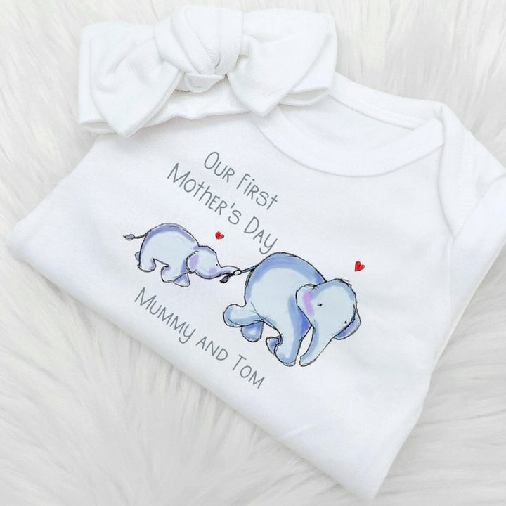 Our First Mother's Day Elephants White, Blue, Pink & Beige Babygrow/Vest