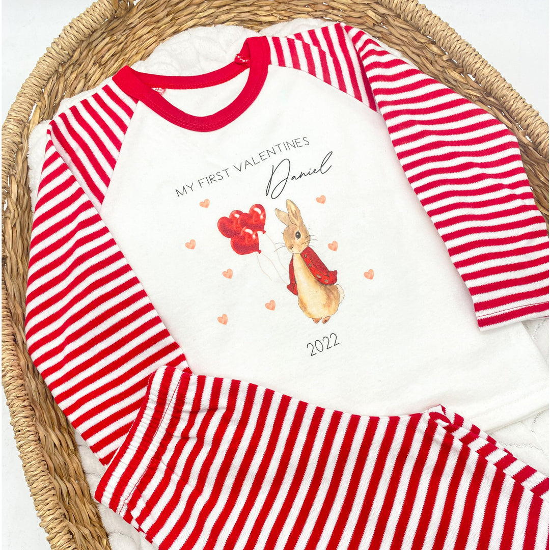 Personalised Valentines Red Rabbit Red Striped Pyjamas