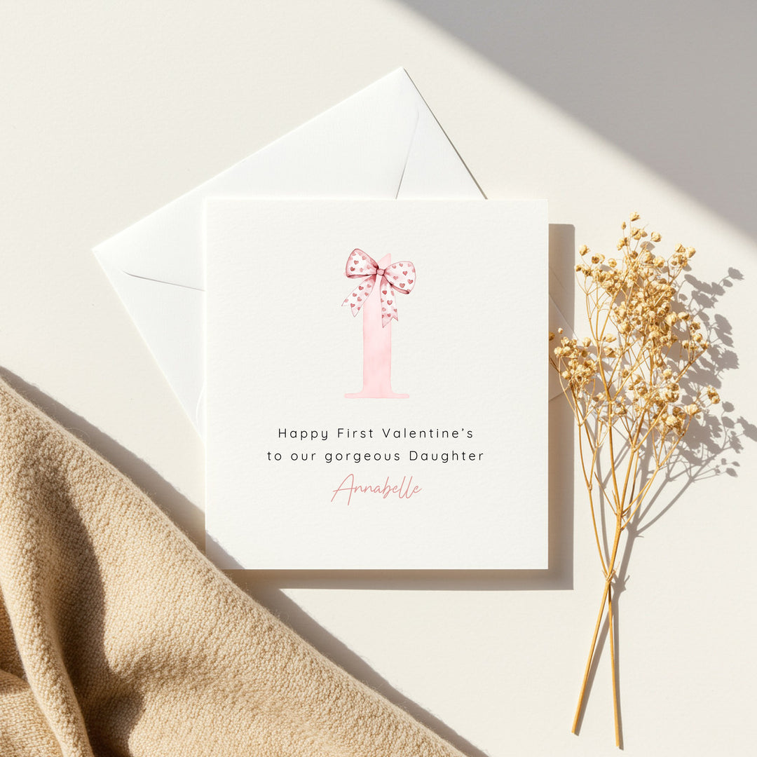 Personalised Pink Bow Happy 1st Valentine's Day Card