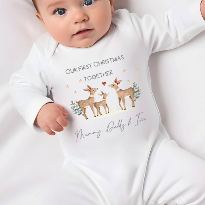 Personalised Deer First Christmas As A Family Babygrow/Vest/Bib