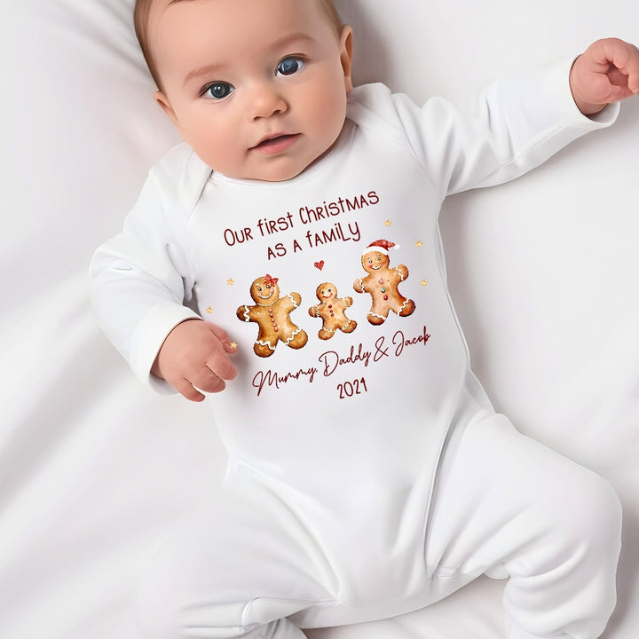 Personalised Gingerbread First Christmas As A Family Babygrow/Vest/Bib