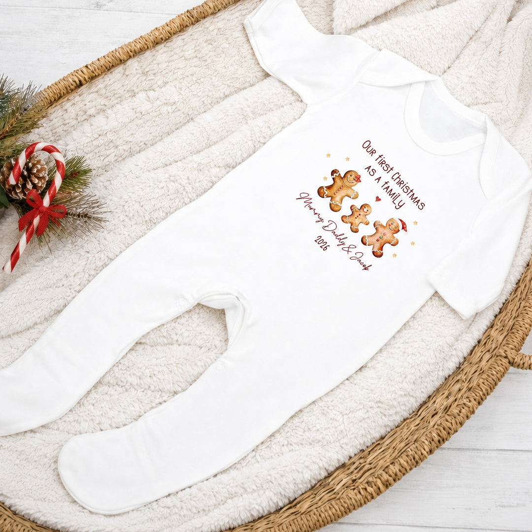 Personalised Gingerbread First Christmas As A Family Baby Grow, Vest or Bib