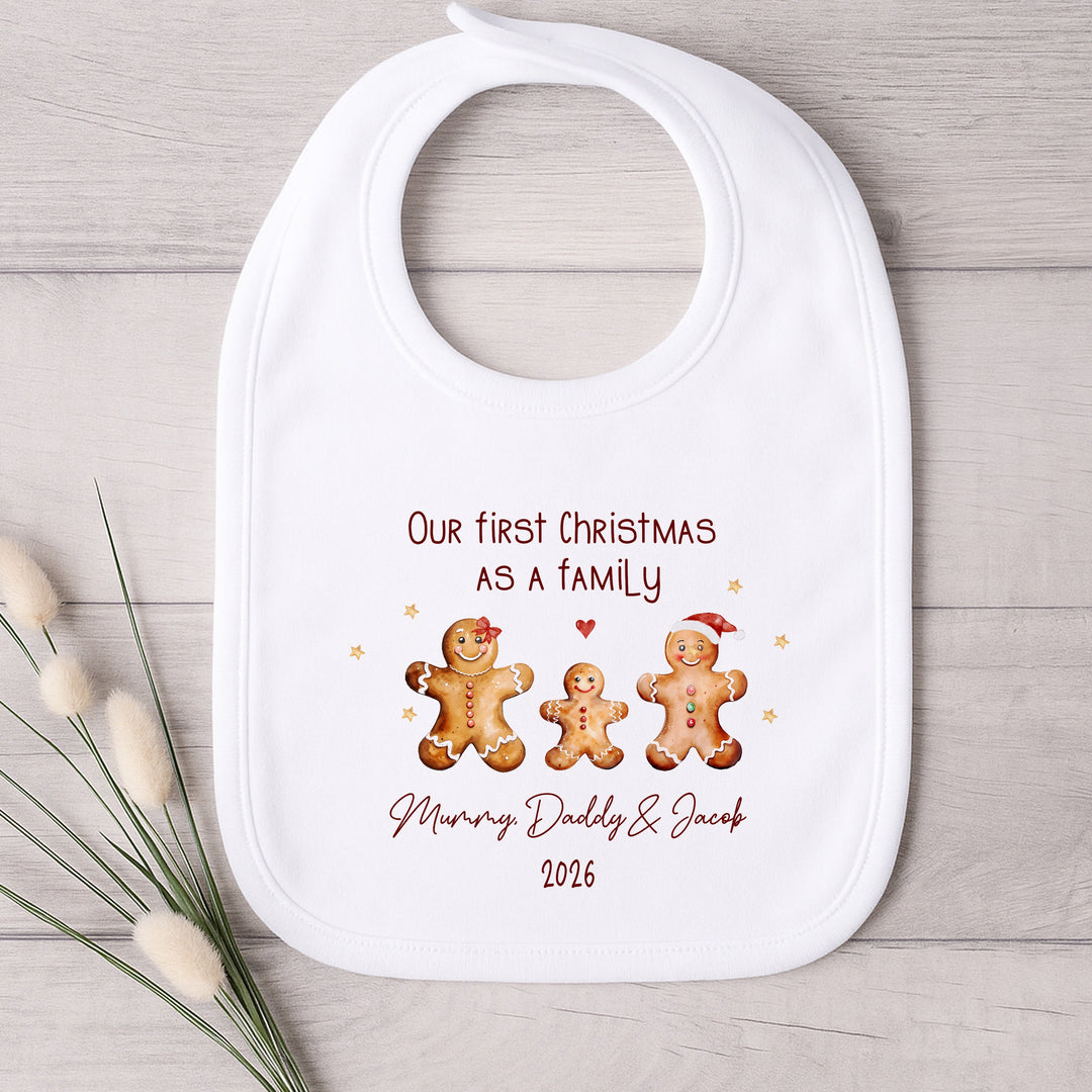 Personalised Gingerbread First Christmas As A Family Baby Grow, Vest or Bib